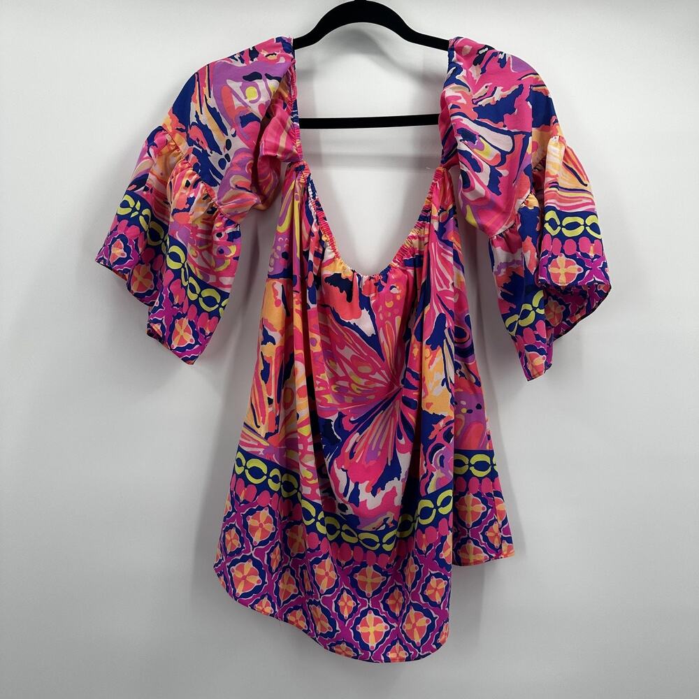 Lilly Pulitzer Sanilla Silk Top Off the Shoulder Pink Fusion Medium‎ Floral